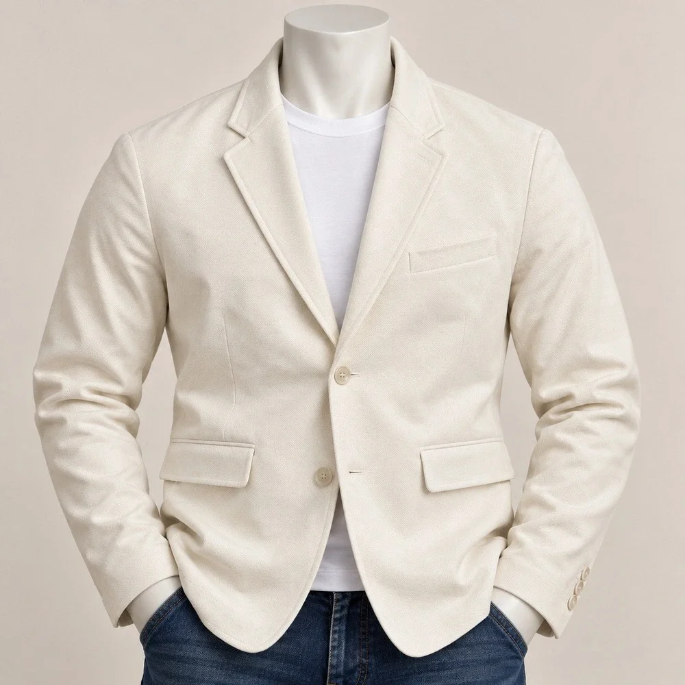 Tasso Elba Mens XL Cream Cotton Twill Two Button Blazer Jacket Off White